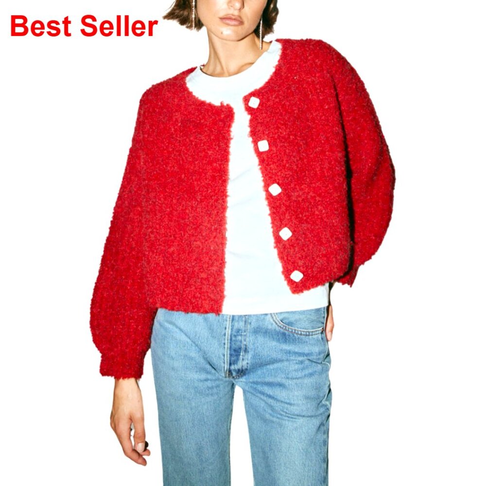 Cropped Cardigan Sweater Slouchy Fit Button Front Long Sleeve Knit